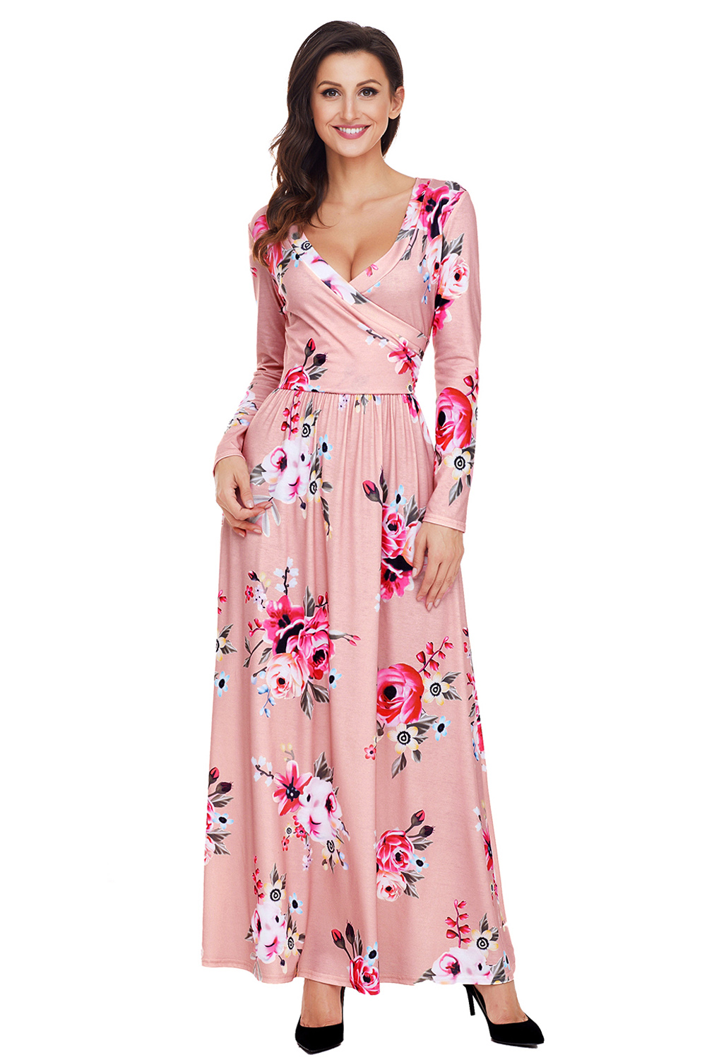 BY61772-10 Mauve Floral Surplice Long Sleeve Maxi Boho Dress